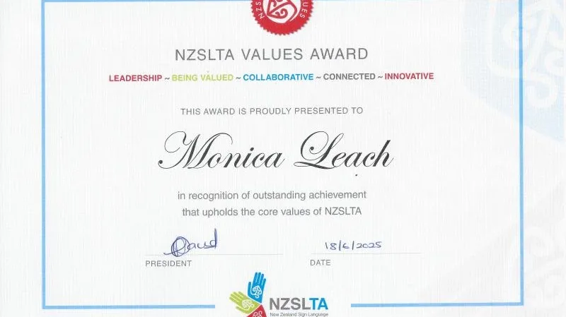 NZSLTA Values Award certificate presented to Monica Leach