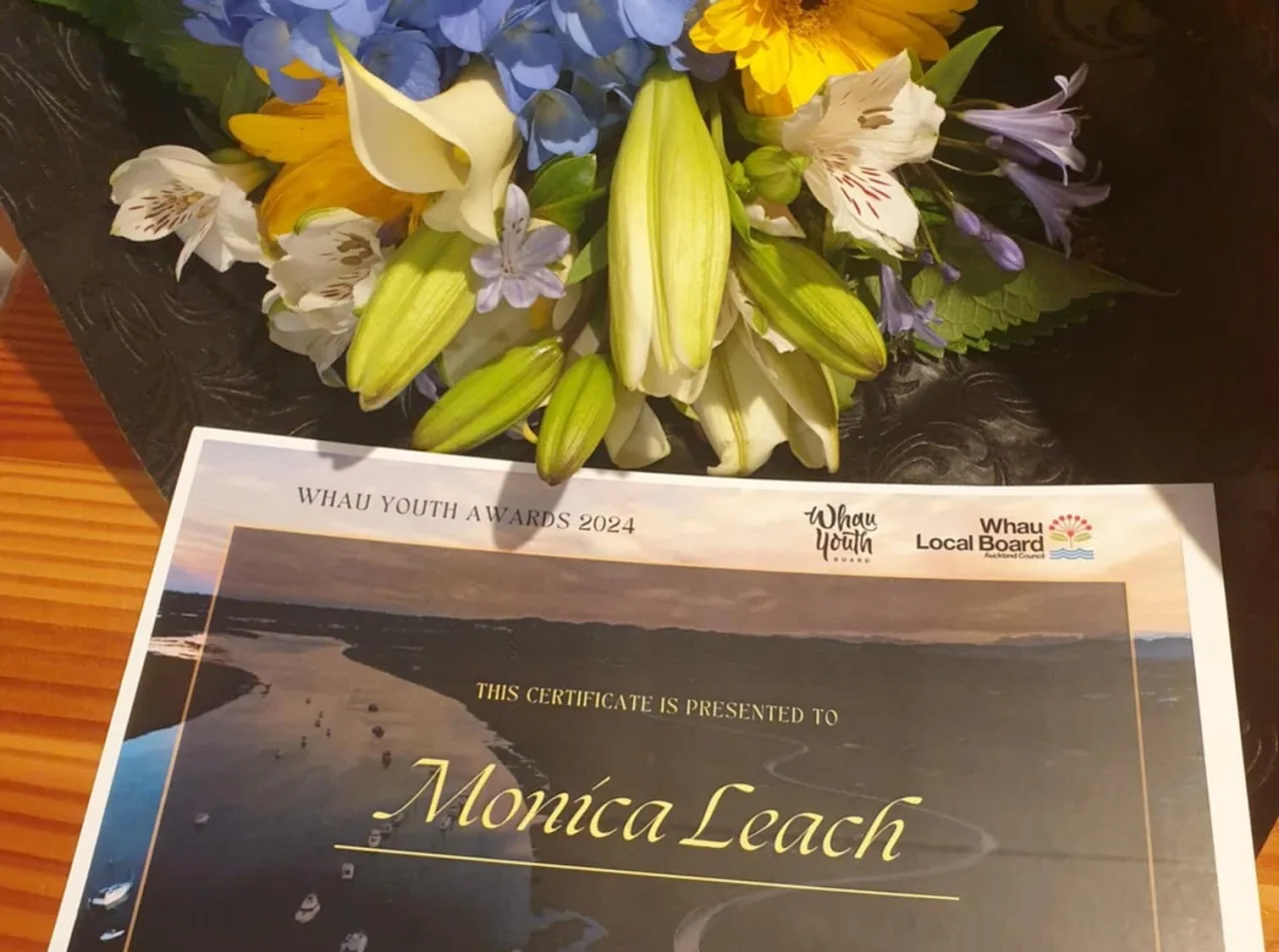 Whau Youth Awards 2024 Local Hero certificate presented to Monica Leach
