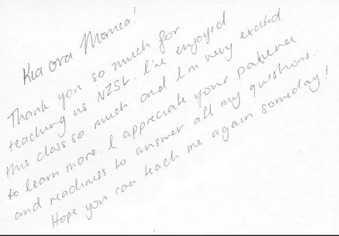 A handwritten thank-you note or card from a SignWest student