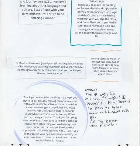 A handwritten thank-you note or card from a SignWest student