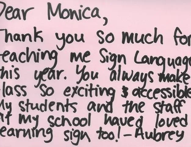 A handwritten thank-you note or card from a SignWest student