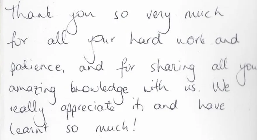 A handwritten thank-you note or card from a SignWest student