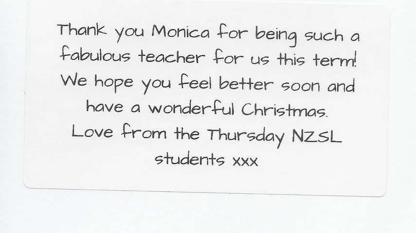 A handwritten thank-you note or card from a SignWest student