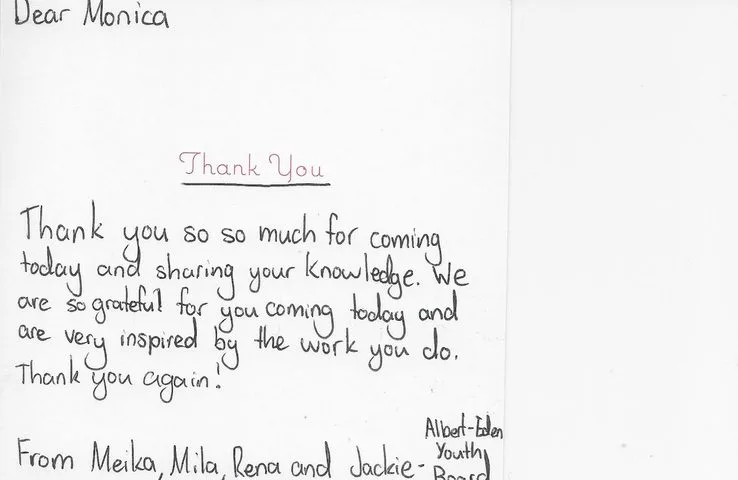 A handwritten thank-you note or card from a SignWest student
