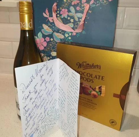 A handwritten thank-you note or card from a SignWest student
